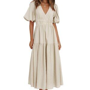 Women's Summer V Neck Short Puff Sleeve A Line Tiered Maxi Dress Guest Wedding